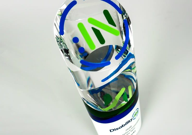 White And Clear Crystal Award With Blue And Green Details