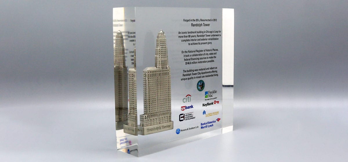 Metal Building Replica Encased In Clear Lucite Square Deal Toy
