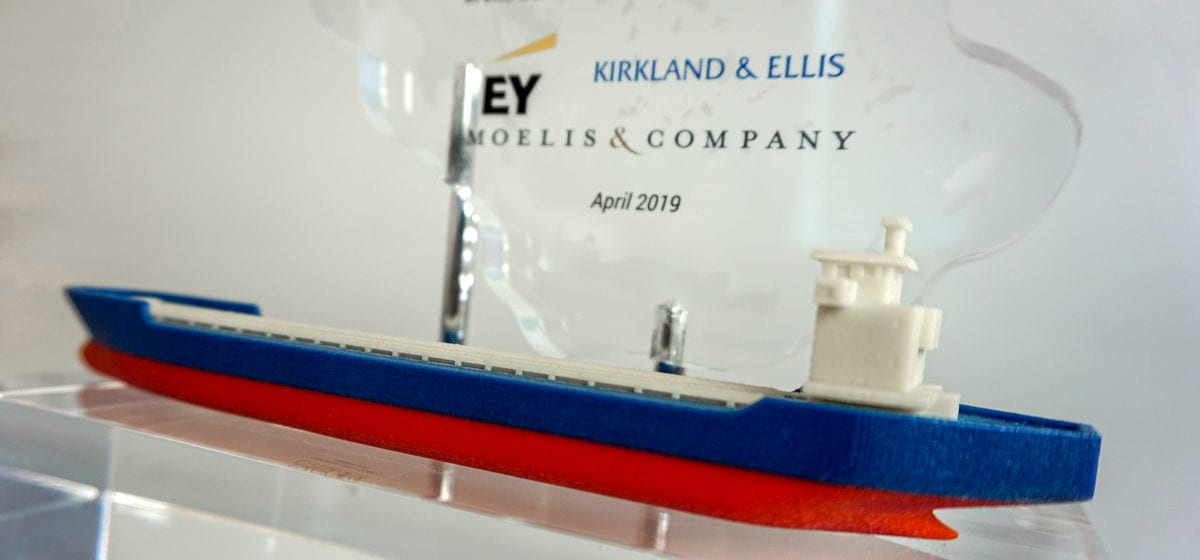 Lucite Deal Toy Of Aegean Sea With 3D-Printed Container Ship