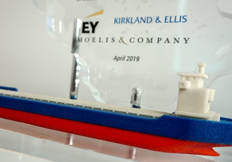 Lucite Deal Toy Of Aegean Sea With 3D-Printed Container Ship