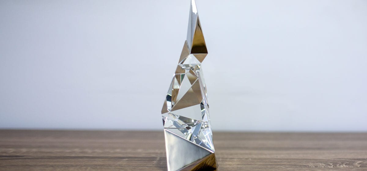 Modern Crystal Statue Award With Silver Metal Accents