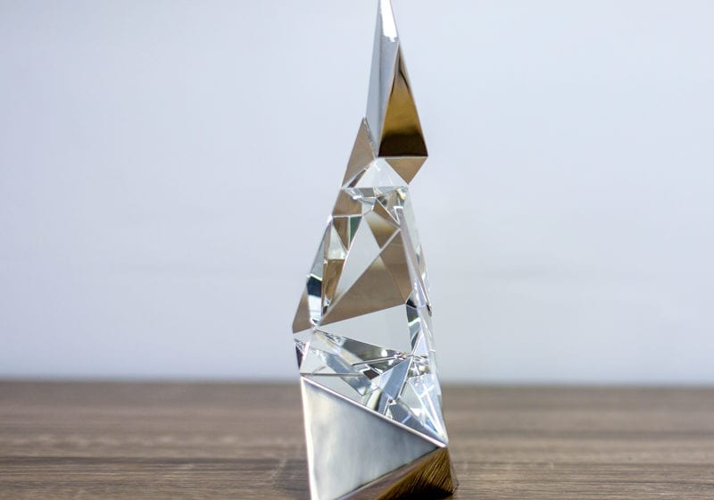 Modern Crystal Statue Award With Silver Metal Accents