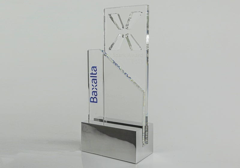 Crystal Award With Silver And Blue Details And Polished Metal Base