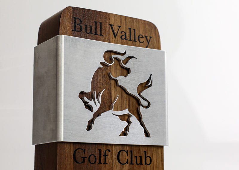 Corporate Golf Club Wood Plaque With Metal Bull Personalization