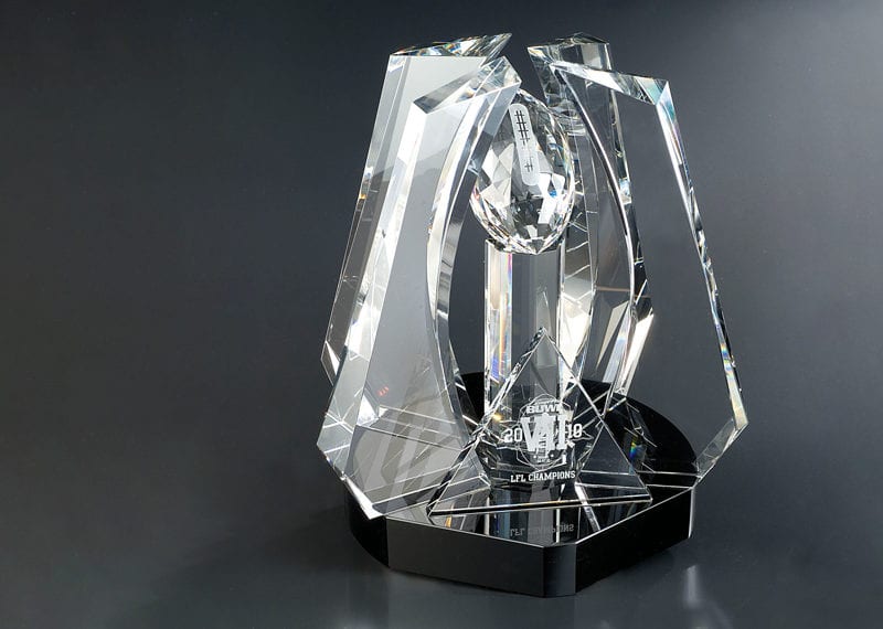 crystal football award with personalized front face and crystal spires