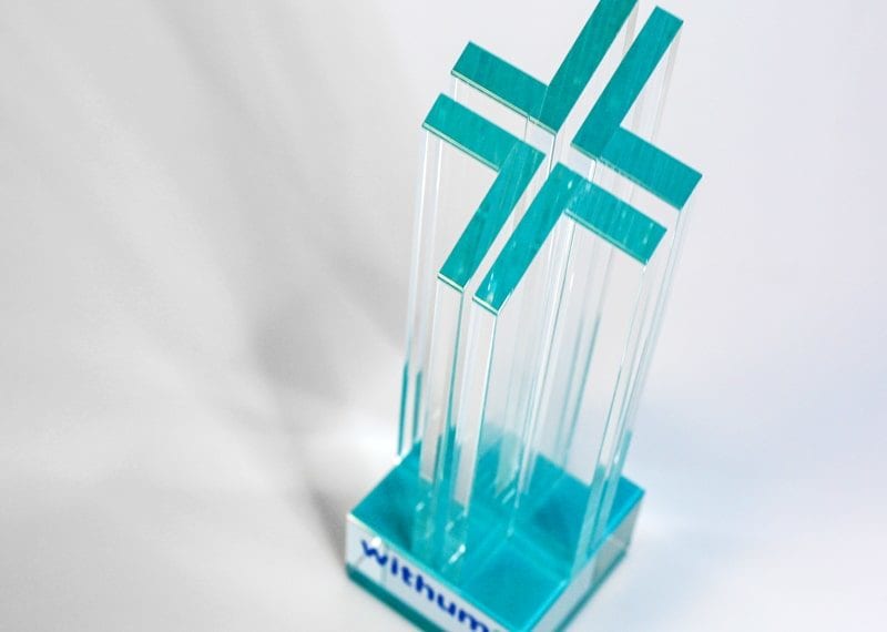 clear crystal cross statue with blue base