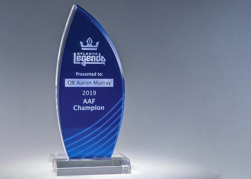 Blue Acrylic award with etched personalization