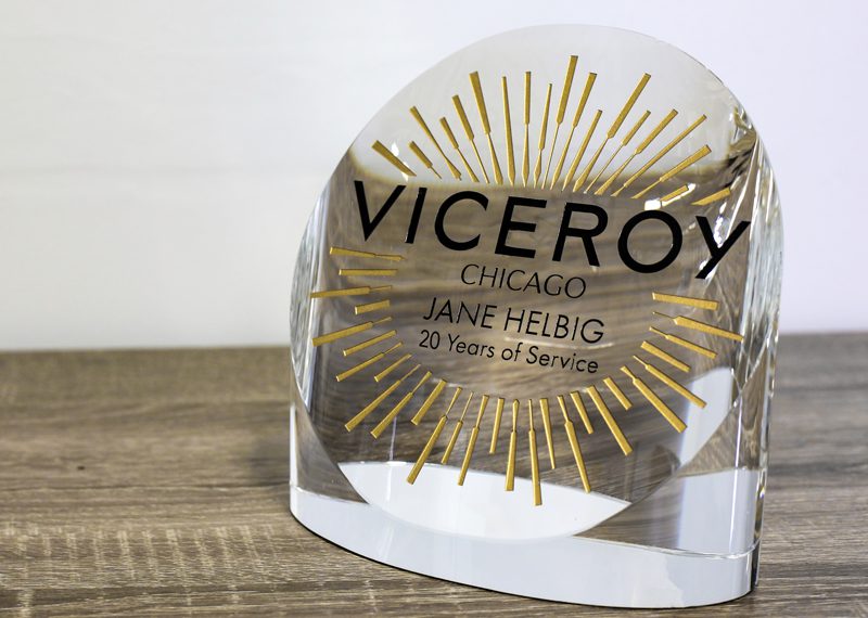 Custom crystal years of service award sand etch and colorfilled on front side