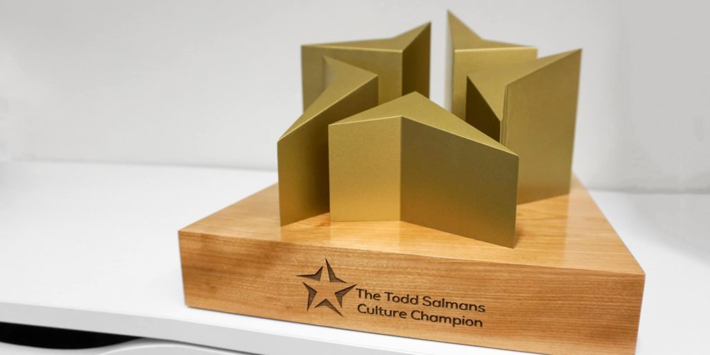 Culture champion internal award. Wood block base with laser etch personalization. Gold star on top.