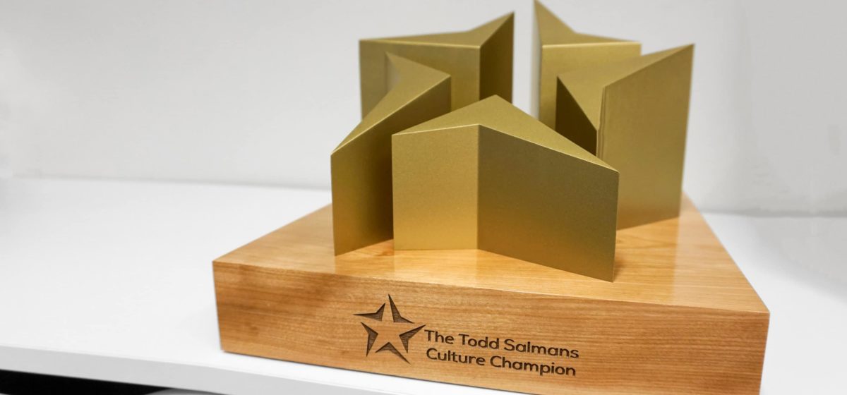 Culture champion internal award. Wood block base with laser etch personalization. Gold star on top.