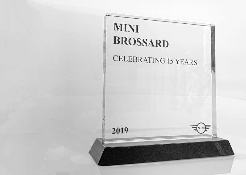 Crystal milestone award with personalization digitally printed on backside