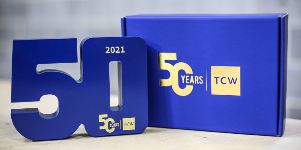 Metal 50 cutout with personalized presentation box for a service award