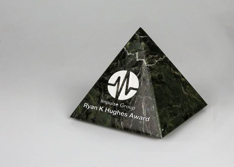 granite pyramid paperweight with sand etch and colorfill