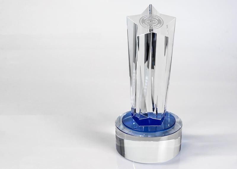 Stock crystal appreciation trophy award, blue crystal base with sand etching personalization